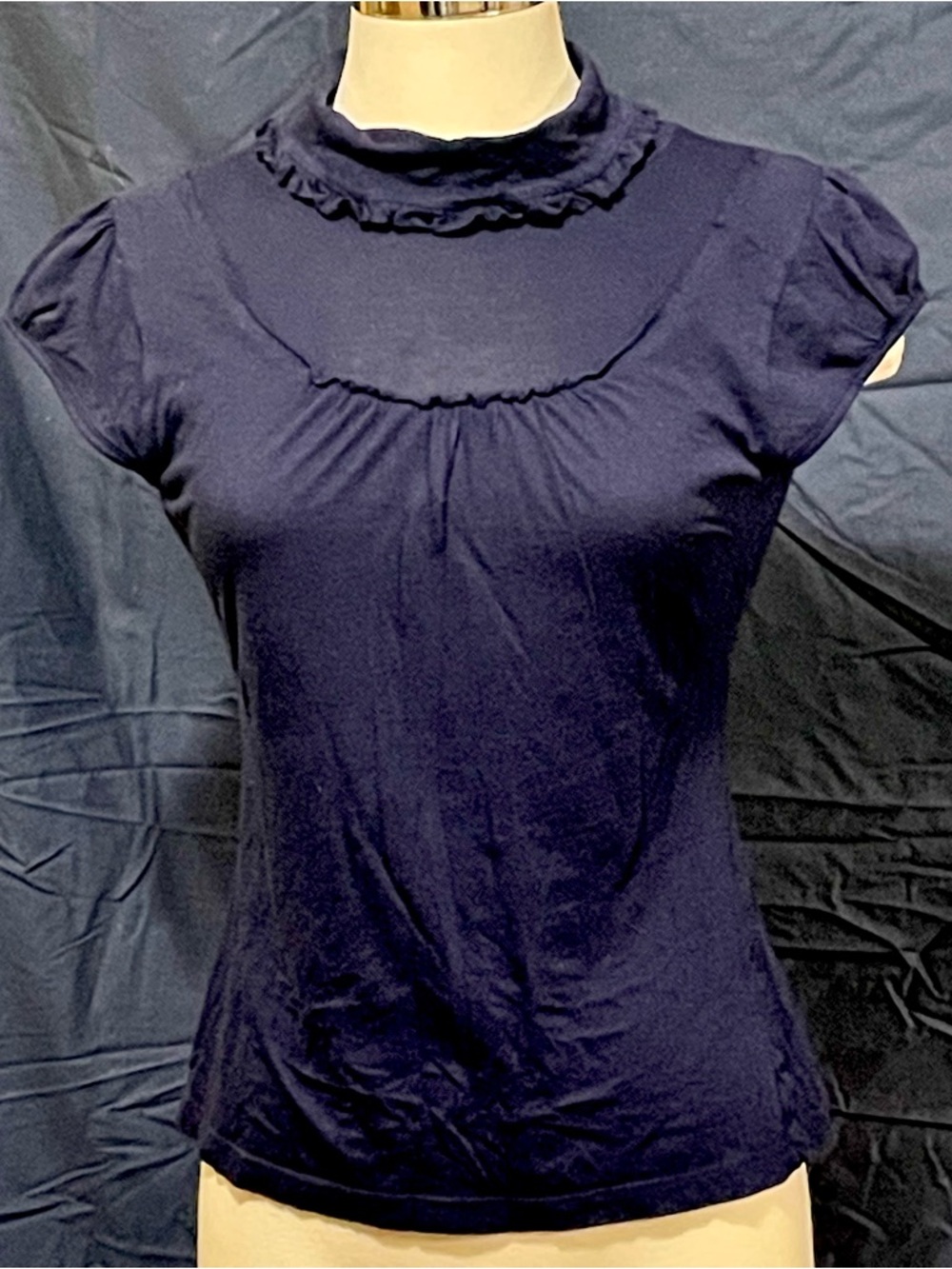 Moth Navy Ruffle Mock Neck Cap Sleeve Top